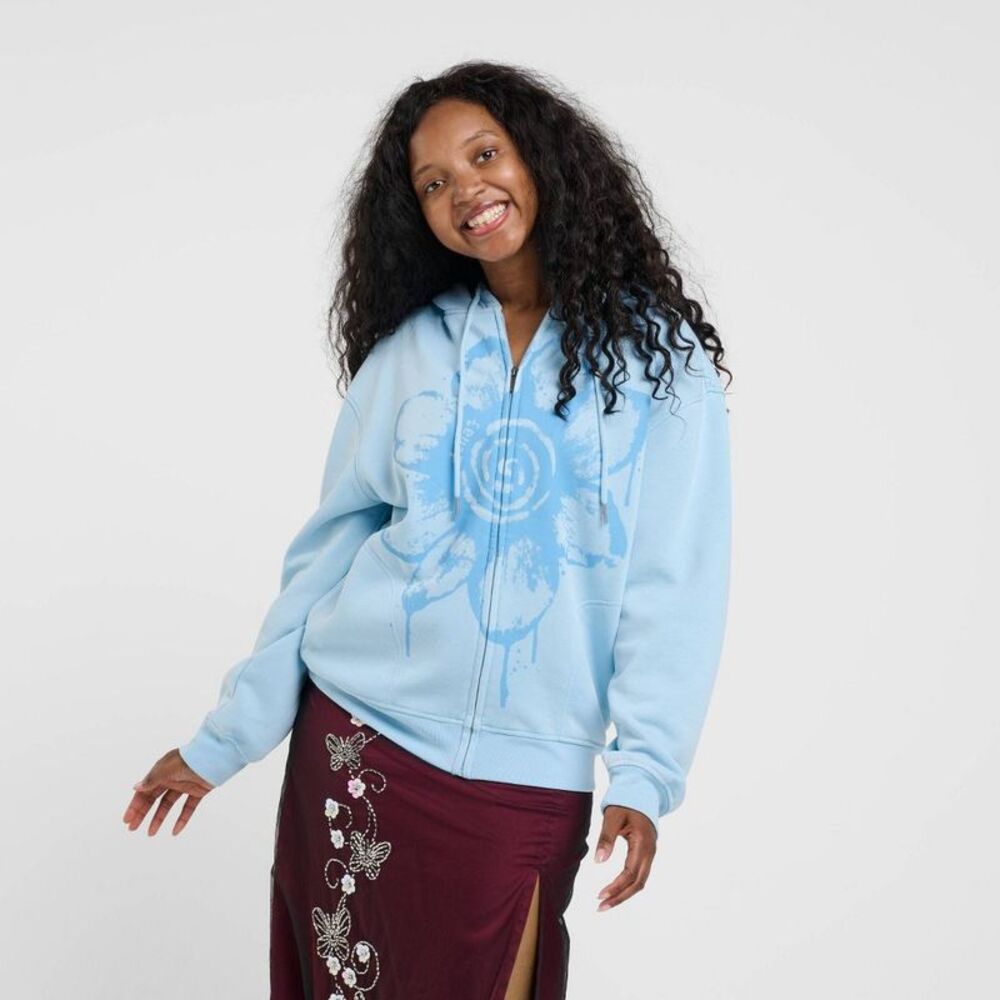 Women's dELiA*s Hooded Graphic Zip-Up Sweatshirt - Light Blue M